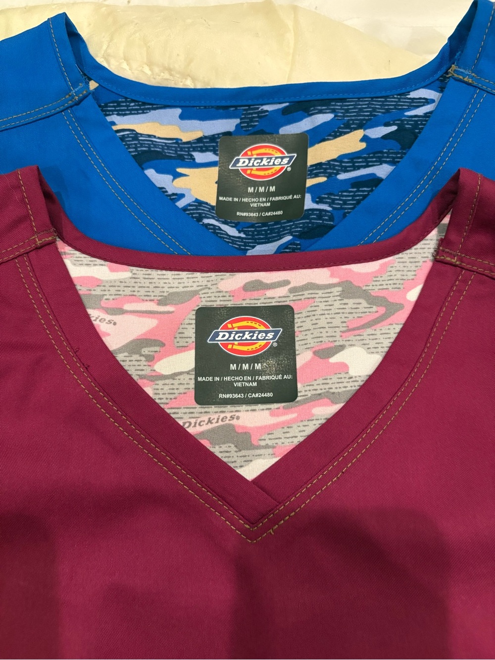 Dickies Womens Scrubs Short-Sleeve V-Neck Tops — Blue & Burgundy set of 2